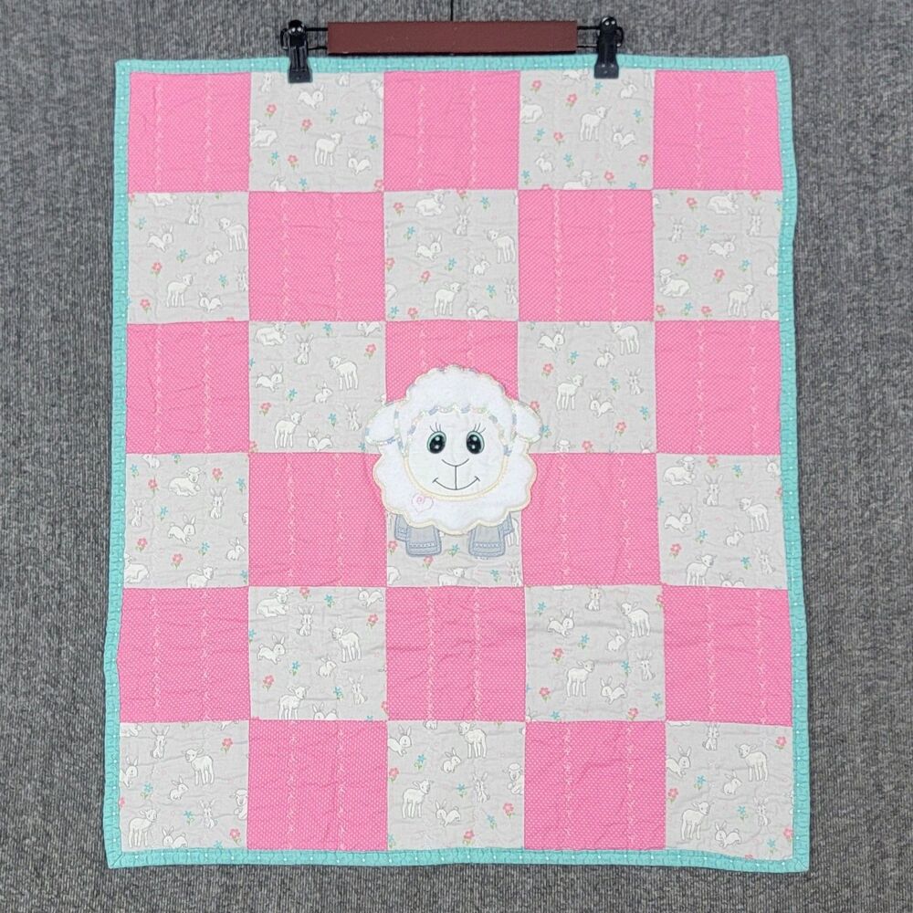 Handmade Quilt Crib Baby Lap Patchwork Blanket Pink Gray W/ Sheep Bunnies 28x24